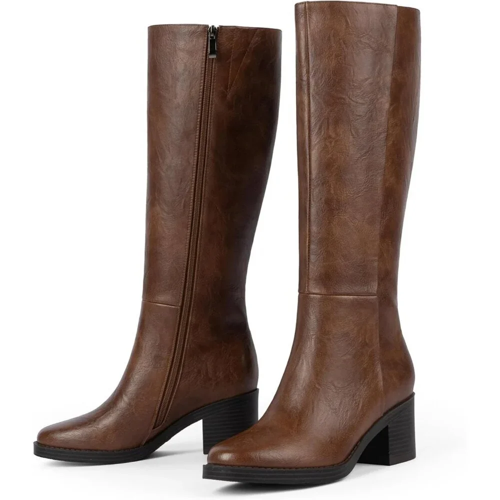 Women's Retro Brown Chunky Heel Round Zipper Winter Dress Tall Knee High Boots